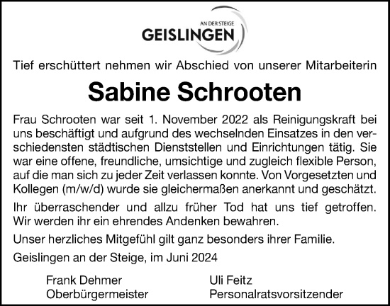 Traueranzeige von Sabine Schrooten von Geislinger Zeitung