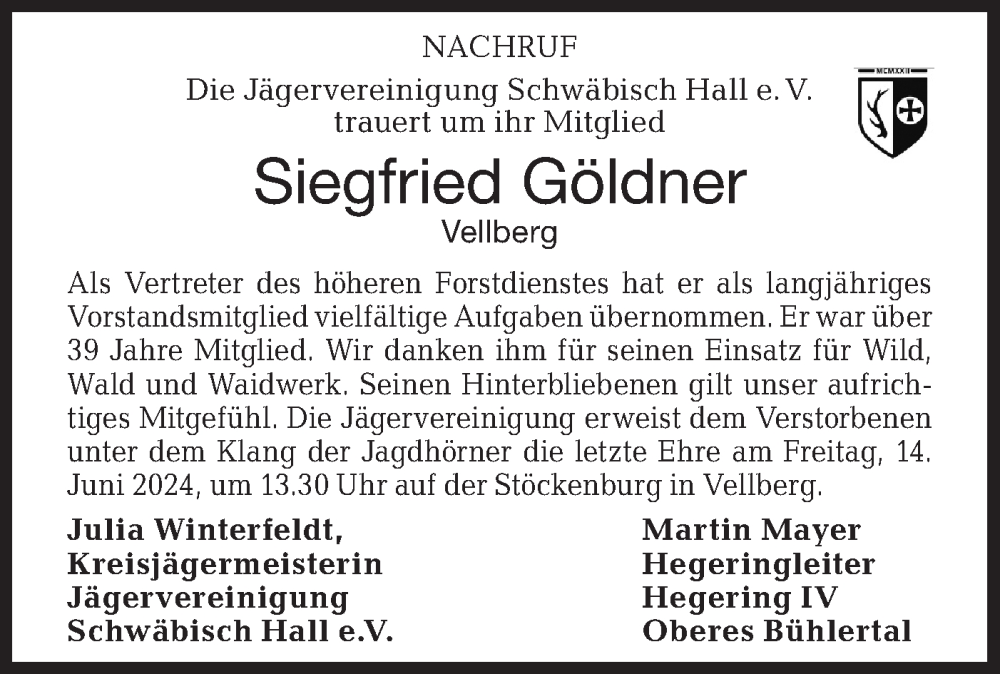  Traueranzeige für Siegfried Göldner vom 12.06.2024 aus Haller Tagblatt