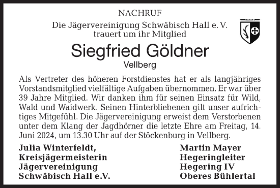 Traueranzeige von Siegfried Göldner von Haller Tagblatt