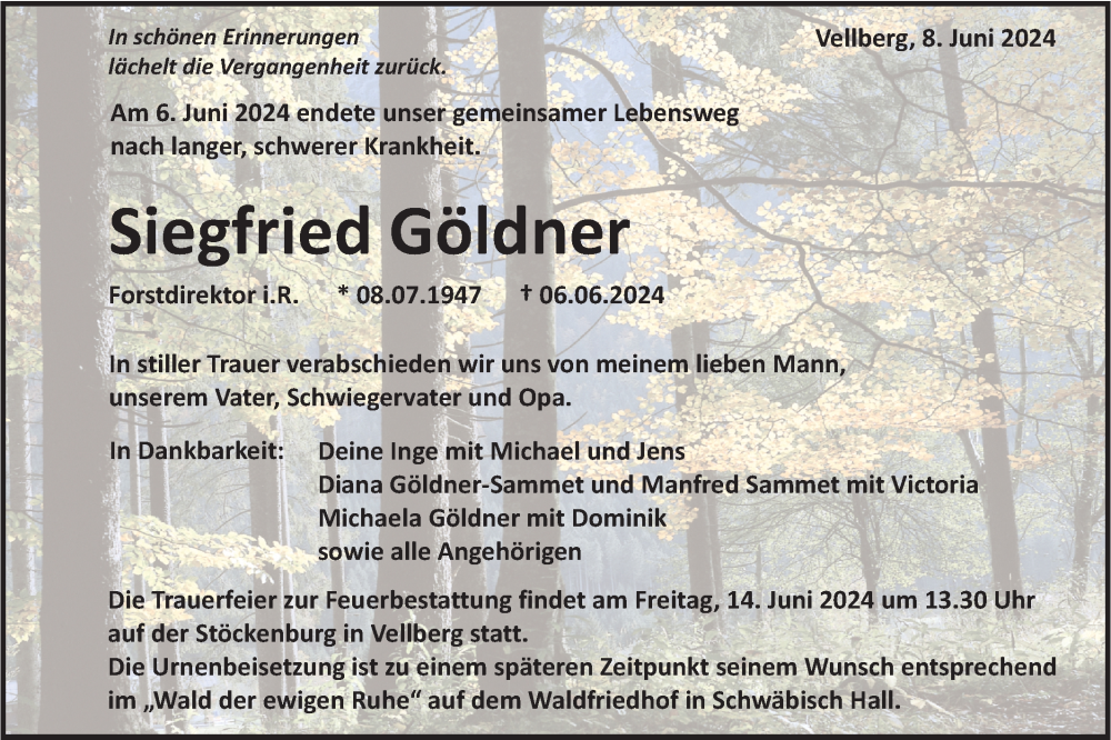  Traueranzeige für Siegfried Göldner vom 08.06.2024 aus Haller Tagblatt