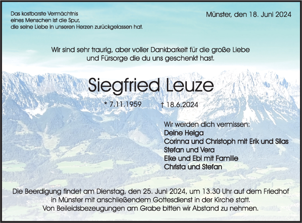  Traueranzeige für Siegfried Leuze vom 22.06.2024 aus Rundschau Gaildorf