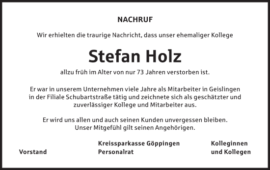 Traueranzeige von Stefan Holz von NWZ Neue Württembergische Zeitung/Geislinger Zeitung