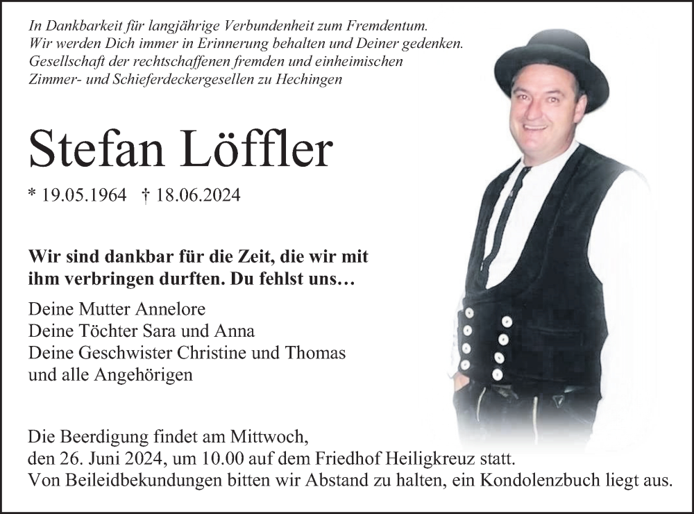  Traueranzeige für Stefan Löffler vom 21.06.2024 aus SÜDWEST PRESSE Zollernalbkreis/Hohenzollerische Zeitung