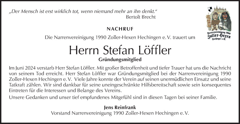  Traueranzeige für Stefan Löffler vom 21.06.2024 aus SÜDWEST PRESSE Zollernalbkreis/Hohenzollerische Zeitung