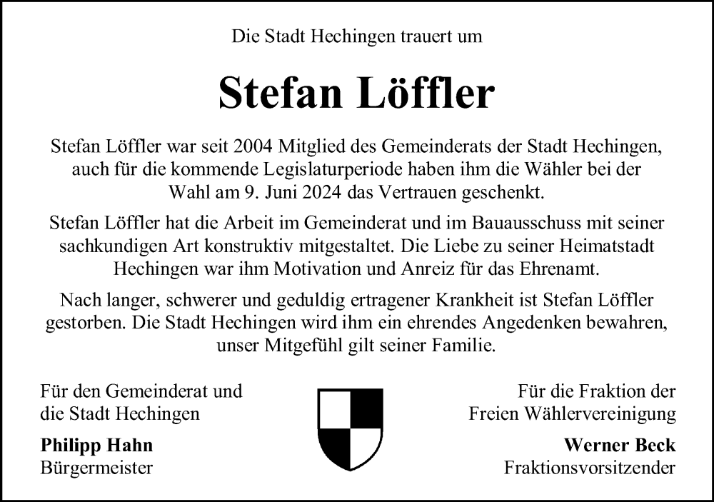  Traueranzeige für Stefan Löffler vom 21.06.2024 aus SÜDWEST PRESSE Zollernalbkreis/Hohenzollerische Zeitung