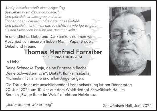 Traueranzeige von Thomas Manfred Forraiter von Haller Tagblatt