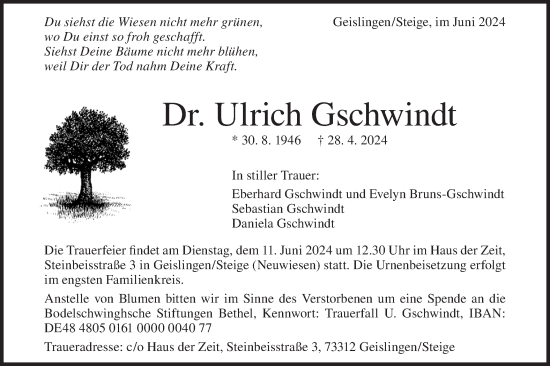 Traueranzeige von Ulrich Gschwindt von Geislinger Zeitung