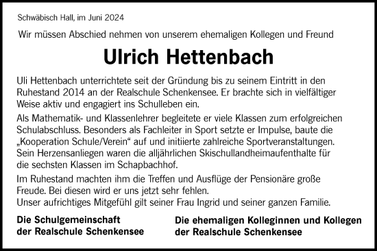 Traueranzeige von Ulrich Hettenbach von Haller Tagblatt