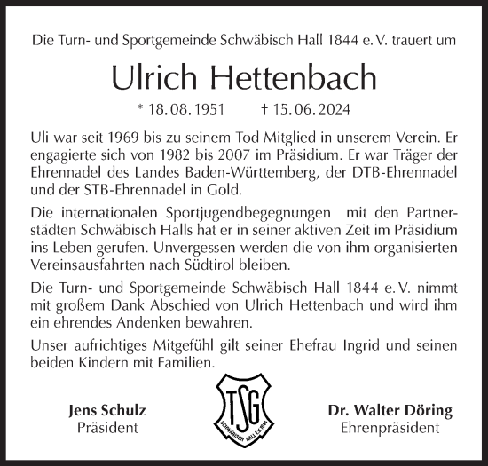Traueranzeige von Ulrich Hettenbach von Haller Tagblatt