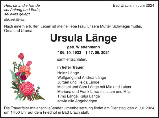 Traueranzeige von Ursula Länge von Alb-Bote/Metzinger-Uracher Volksblatt