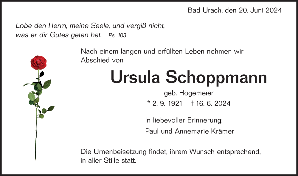  Traueranzeige für Ursula Schoppmann vom 20.06.2024 aus Alb-Bote/Metzinger-Uracher Volksblatt