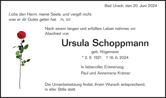 Traueranzeige von Ursula Schoppmann von Alb-Bote/Metzinger-Uracher Volksblatt