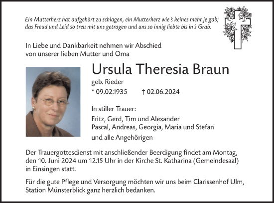 Traueranzeige von Ursula Theresia Braun von SÜDWEST PRESSE Ausgabe Ulm/Neu-Ulm