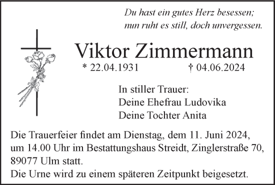 Traueranzeige von Viktor Zimmermann von SÜDWEST PRESSE Ausgabe Ulm/Neu-Ulm