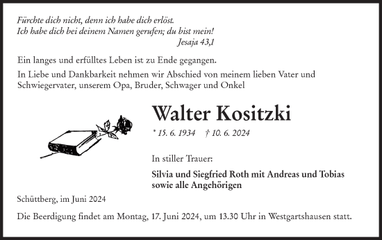 Traueranzeige von Walter Kositzki von Hohenloher Tagblatt