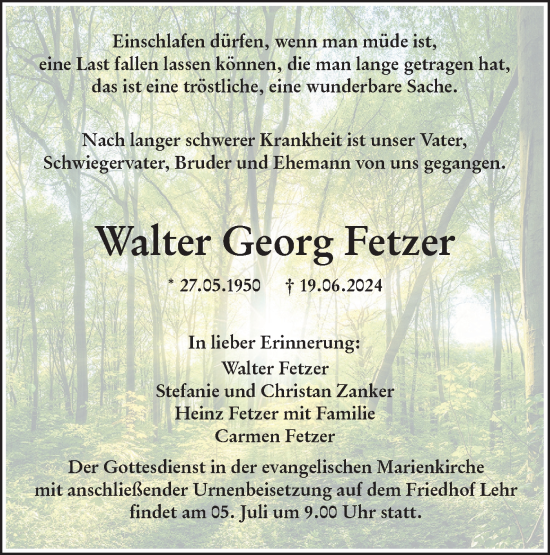 Traueranzeige von Walter Georg Fetzer von SÜDWEST PRESSE Ausgabe Ulm/Neu-Ulm