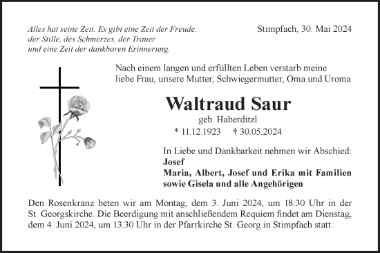 Traueranzeige von Waltraud Saur von Hohenloher Tagblatt