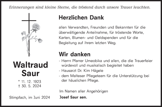 Traueranzeige von Waltraud Saur von Hohenloher Tagblatt