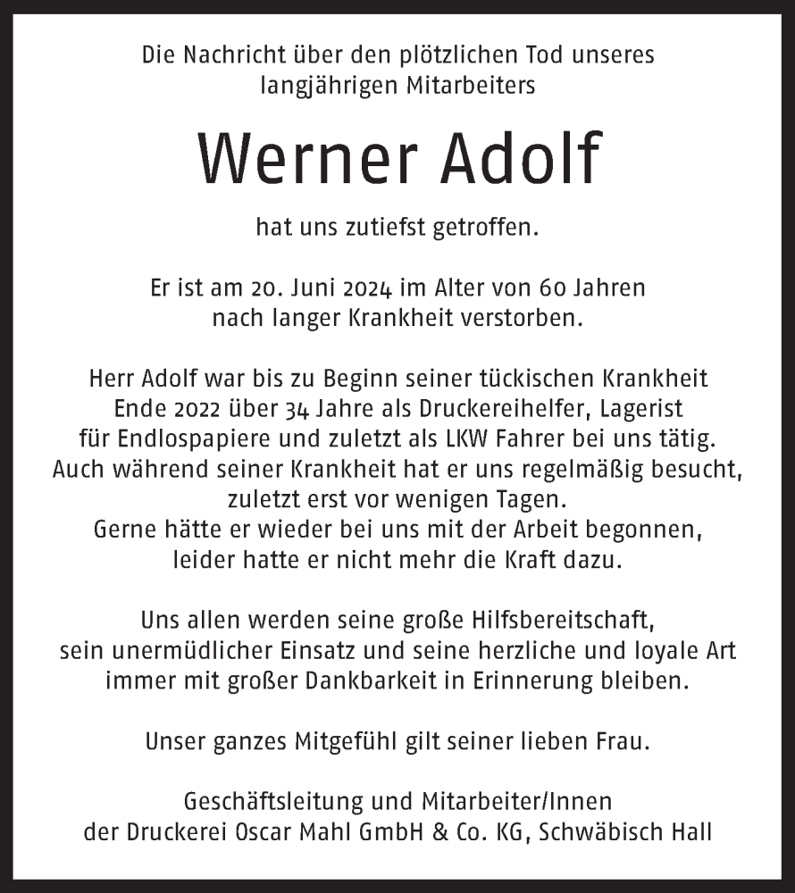  Traueranzeige für Werner Adolf vom 29.06.2024 aus Haller Tagblatt