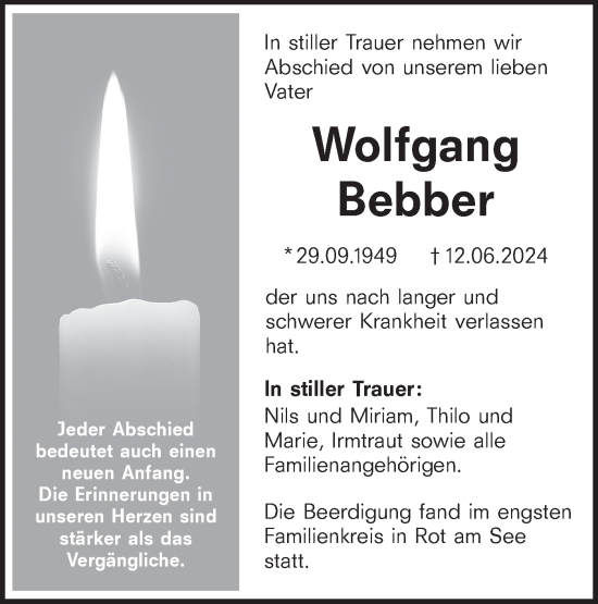 Traueranzeige von Wolfgang Bebber von Hohenloher Tagblatt