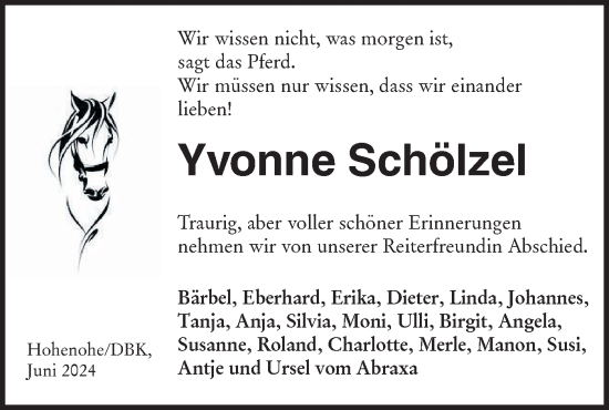 Traueranzeige von Yvonne Schölzel von Hohenloher Tagblatt