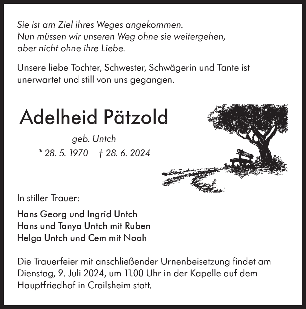  Traueranzeige für Adelheid Pätzold vom 05.07.2024 aus Hohenloher Tagblatt