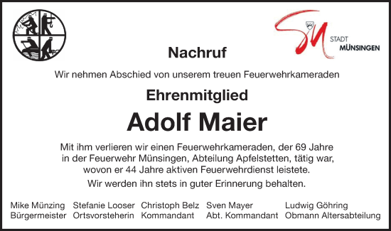 Traueranzeige von Adolf Maier von Alb-Bote/Metzinger-Uracher Volksblatt