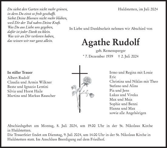 Traueranzeige von Agathe Rudolf von Alb-Bote/Metzinger-Uracher Volksblatt