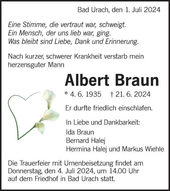 Traueranzeige von Albert Braun von Alb-Bote/Metzinger-Uracher Volksblatt