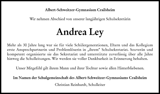 Traueranzeige von Andrea Ley von Hohenloher Tagblatt