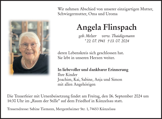 Traueranzeige von Angela Flinspach von Hohenloher Tagblatt