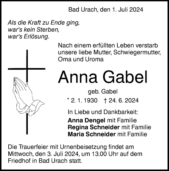 Traueranzeige von Anna Gabel von Alb-Bote/Metzinger-Uracher Volksblatt