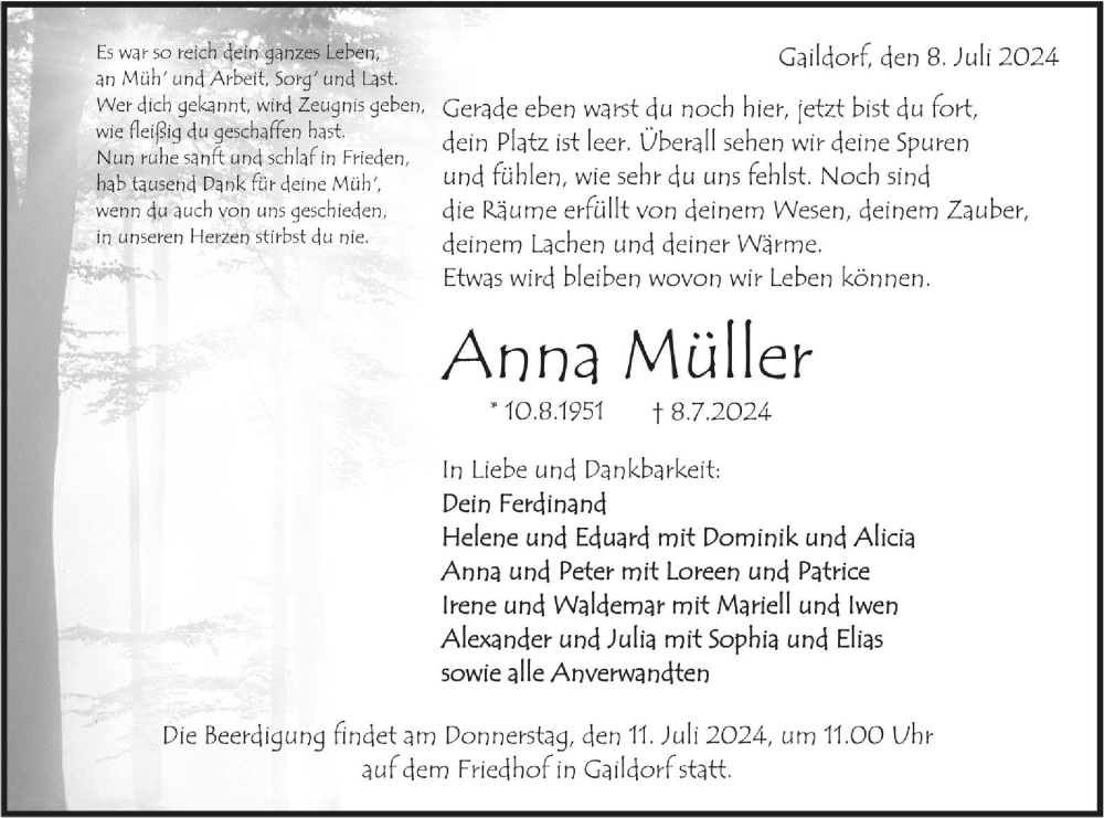  Traueranzeige für Anna Müller vom 09.07.2024 aus Rundschau Gaildorf