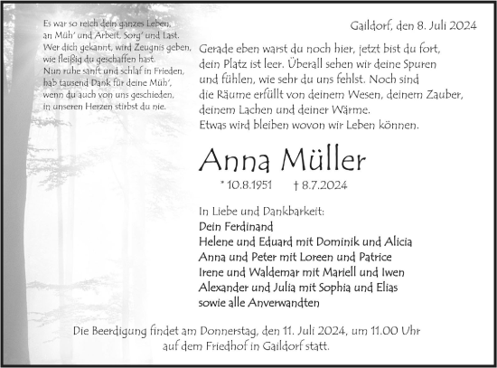 Traueranzeige von Anna Müller von Rundschau Gaildorf
