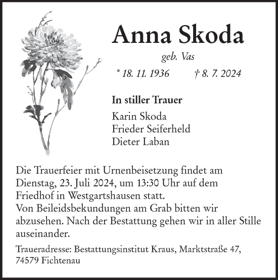 Traueranzeige von Anna Skoda von Hohenloher Tagblatt