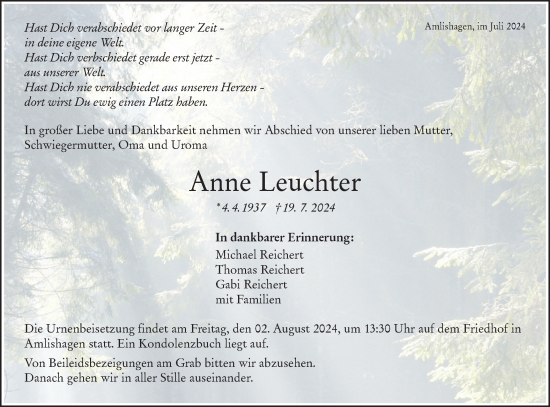 Traueranzeige von Anne Leuchter von Hohenloher Tagblatt