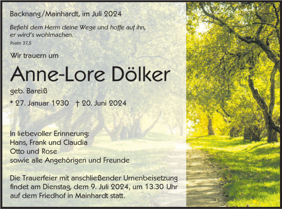 Traueranzeige von Anne-Lore Dölker von Haller Tagblatt