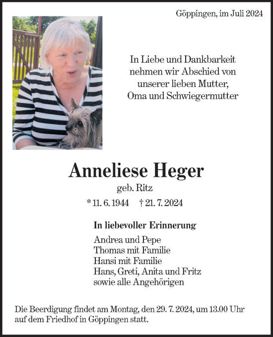 Traueranzeige von Anneliese Heger von NWZ Neue Württembergische Zeitung