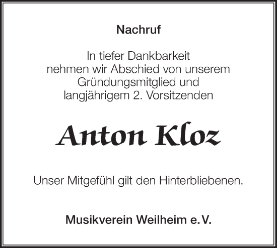 Traueranzeige von Anton Kloz von SÜDWEST PRESSE Zollernalbkreis/Hohenzollerische Zeitung