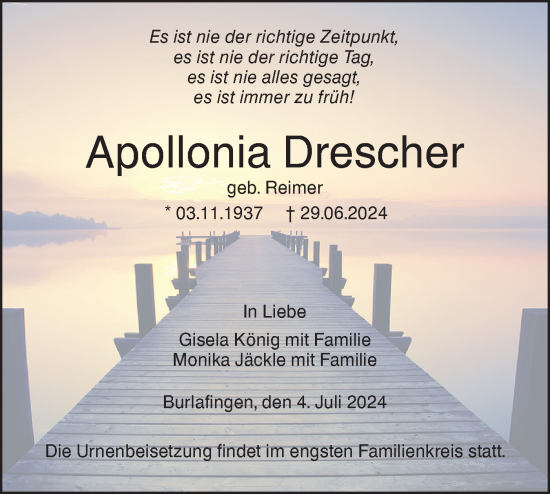 Traueranzeige von Apollonia Drescher von SÜDWEST PRESSE Ausgabe Ulm/Neu-Ulm
