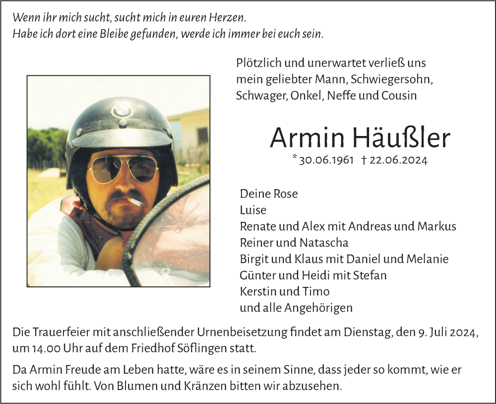  Traueranzeige für Armin Häußler vom 29.06.2024 aus SÜDWEST PRESSE Ausgabe Ulm/Neu-Ulm