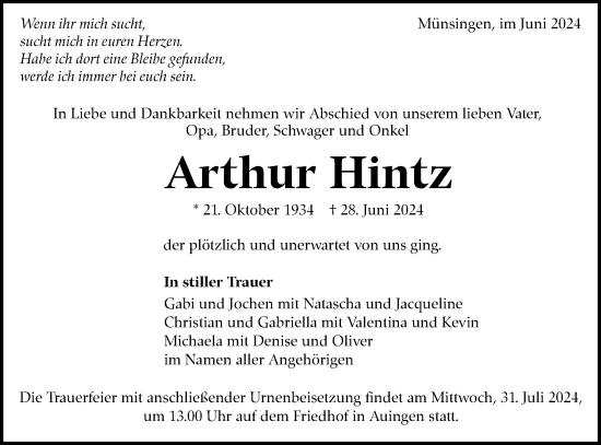 Traueranzeige von Arthur Hintz von Alb-Bote/Metzinger-Uracher Volksblatt