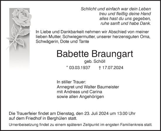 Traueranzeige von Babette Braungart von SÜDWEST PRESSE Ausgabe Ulm/Neu-Ulm