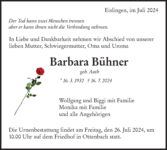 Traueranzeige von Barbara Bühner von NWZ Neue Württembergische Zeitung