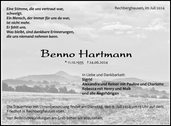 Traueranzeige von Benno Hartmann von NWZ Neue Württembergische Zeitung