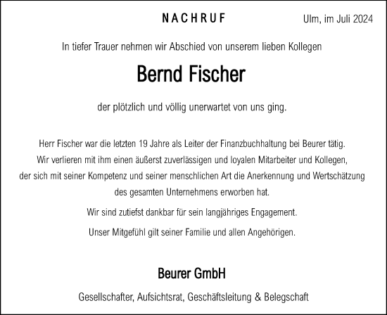 Traueranzeige von Bernd Fischer von SÜDWEST PRESSE Ausgabe Ulm/Neu-Ulm