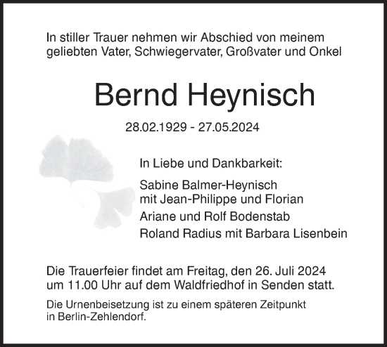 Traueranzeige von Bernd Heynisch von SÜDWEST PRESSE Ausgabe Ulm/Neu-Ulm