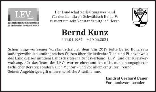 Traueranzeige von Bernd Kunz  von Haller Tagblatt/Hohenloher Tagblatt
