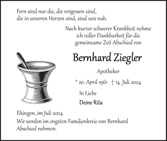 Traueranzeige von Bernhard Ziegler von SÜDWEST PRESSE Ausgabe Ulm/Neu-Ulm