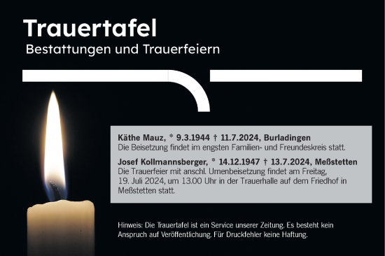 Traueranzeige von Bestattungen vom 18.07.2024 von SÜDWEST PRESSE Zollernalbkreis/Hohenzollerische Zeitung